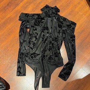 BCBGMaxAzria Black Velvet Floral Mesh Bodysuit